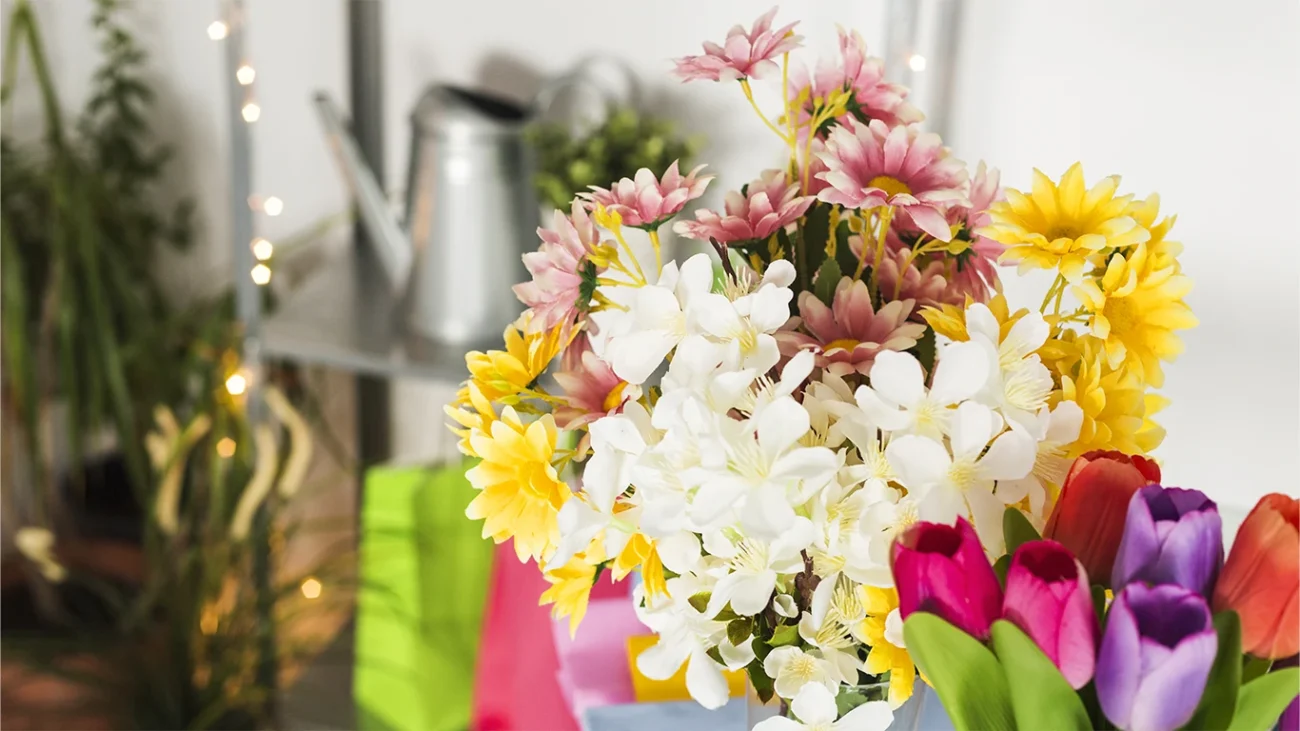 Bouquet primaveral artificial con lirios y margaritas en colores vivos, preparado para catálogo y escaparate de floristería.