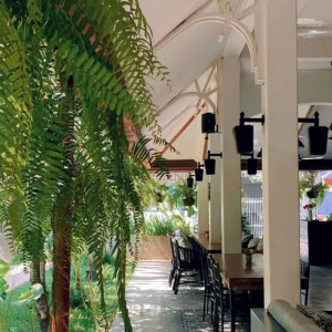 Terraza de restaurante renovada con plantas artificiales para verano.