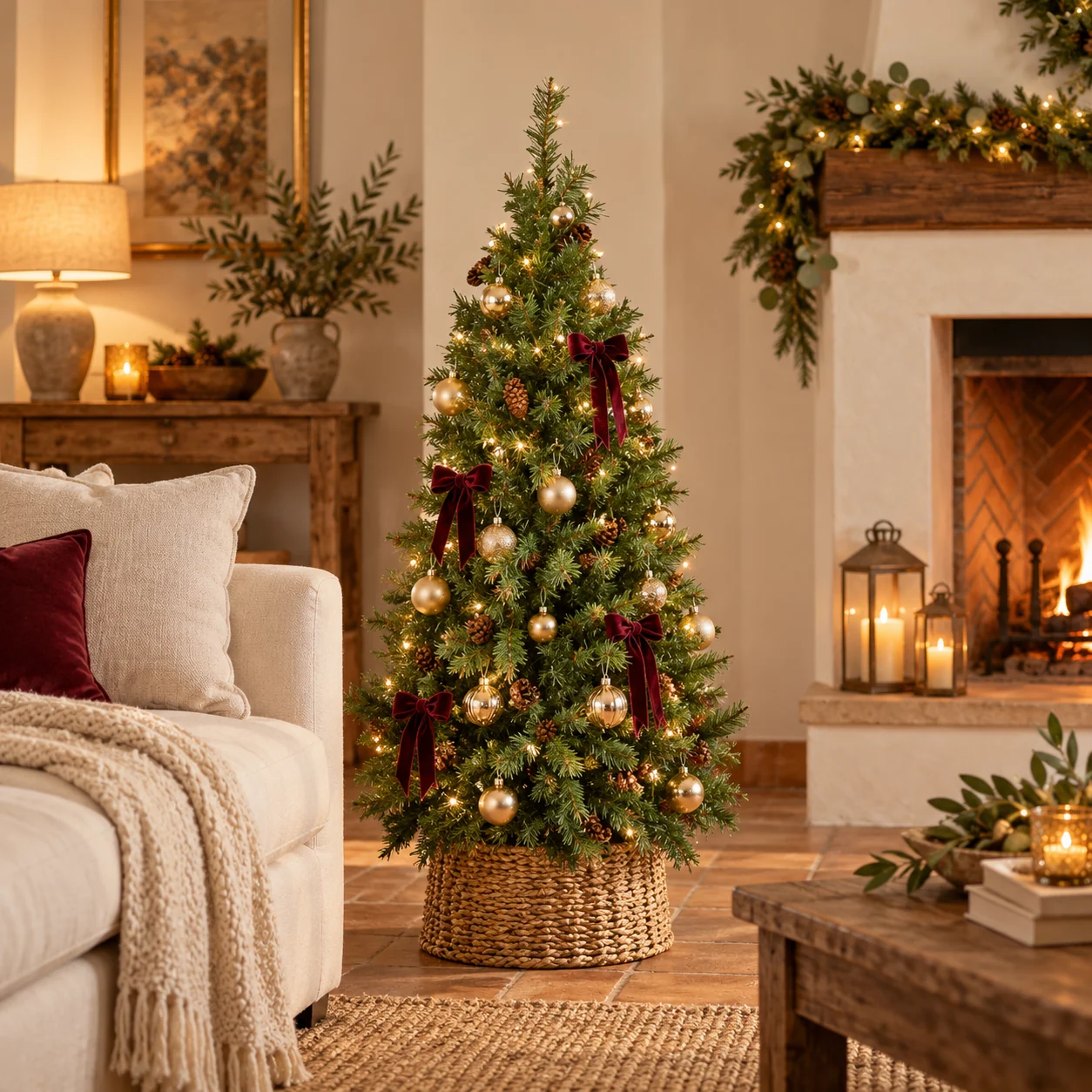 Abeto con piñas decorado con luces cálidas y adornos elegantes en un salón acogedor